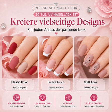 Preview: UV Polish Set " Matt Look " – 20-tlg.  UV Nagellack Set mit mattem Top Coat